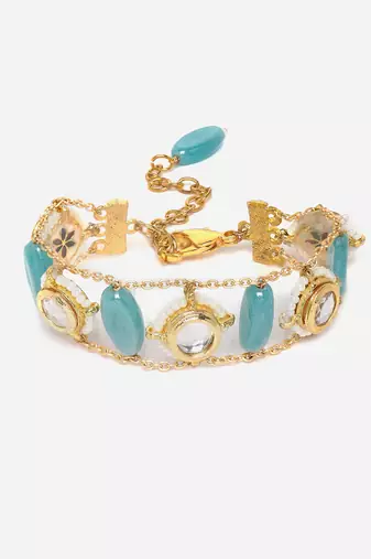 Blue & gold adjustable bracelet with kundan &  pearls