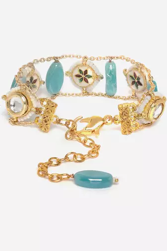 Blue & gold adjustable bracelet with kundan &  pearls
