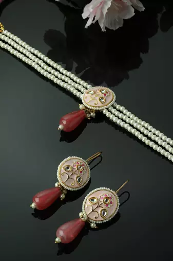 Pink & gold necklace with earring jewellery set  kundan &  pearls