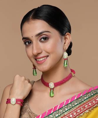 Green & pink necklace with earring jewellery set  kundan &  pearls 1