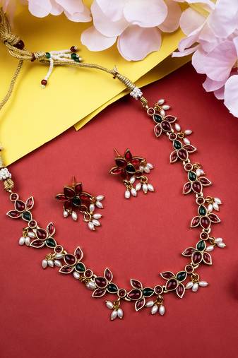 Gold plated red kemp lotus necklace set