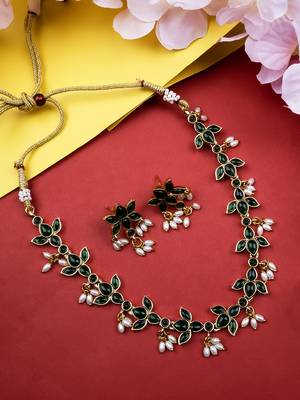 Gold plated green kemp lotus necklace set 1
