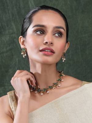Gold plated green kemp lotus necklace set 2