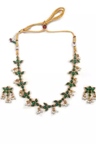 Gold plated green kemp lotus necklace set