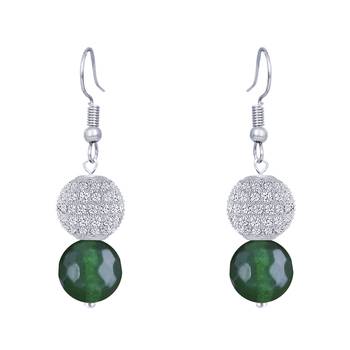 Jfl american diamond ball earrings with semi precious agate bead for women & girls (green) 1