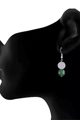 Jfl american diamond ball earrings with semi precious agate bead for women & girls (green)