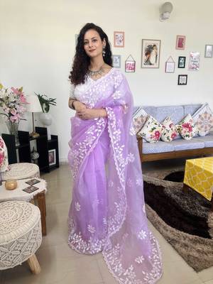 Purple embroidered organza traditional saree with blouse piece 1
