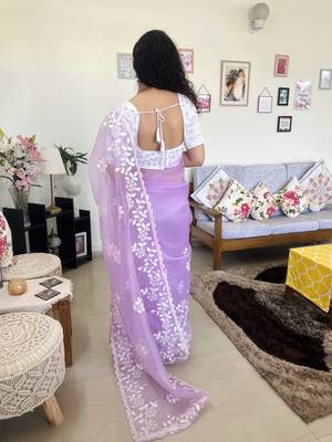 Purple embroidered organza traditional saree with blouse piece 2