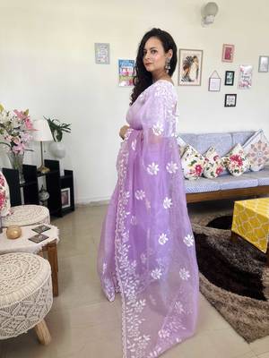 Purple embroidered organza traditional saree with blouse piece 3