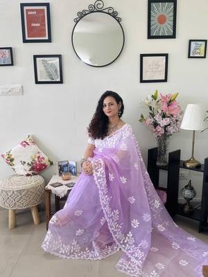 Purple embroidered organza traditional saree with blouse piece 4