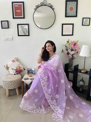 Purple embroidered organza traditional saree with blouse piece 5
