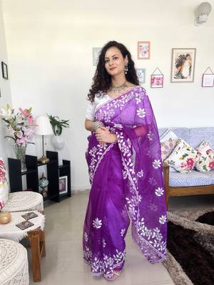 Purple embroidered organza traditional saree with blouse piece 1