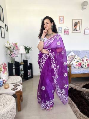 Purple embroidered organza traditional saree with blouse piece 3