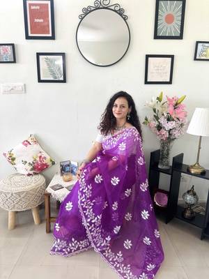 Purple embroidered organza traditional saree with blouse piece 4