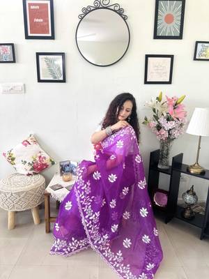 Purple embroidered organza traditional saree with blouse piece 5