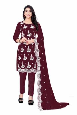 wine georgette embroidered dressmaterials Unstitched Salwar Suit 1