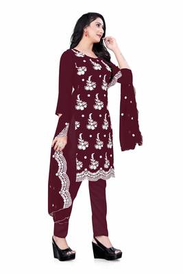 wine georgette embroidered dressmaterials Unstitched Salwar Suit 2