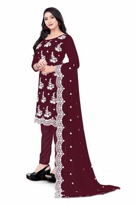 wine georgette embroidered dressmaterials Unstitched Salwar Suit 3