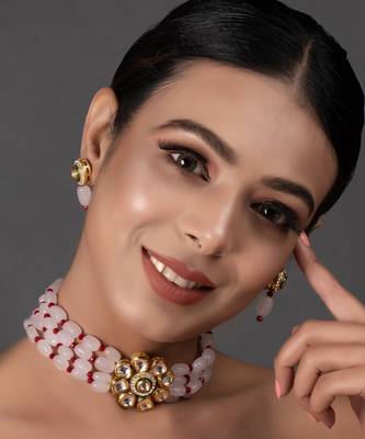 Pink Maroon Gold Tone Kundan Choker With Earrings 6