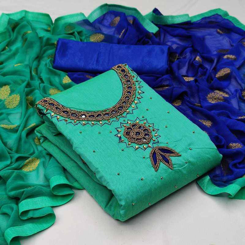 Zeepkart light-aqua-blue chanderi_silk embroidered dressmaterials Unstitched Salwar Suit