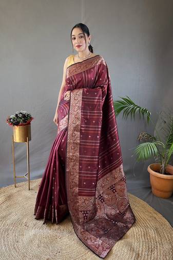 Maroon banarasi silk party wear saree with unstitched blouse piece