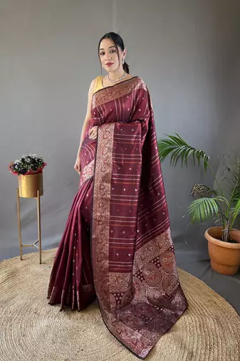 Maroon banarasi silk party wear saree with unstitched blouse piece