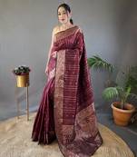 Maroon banarasi silk party wear saree with unstitched blouse piece