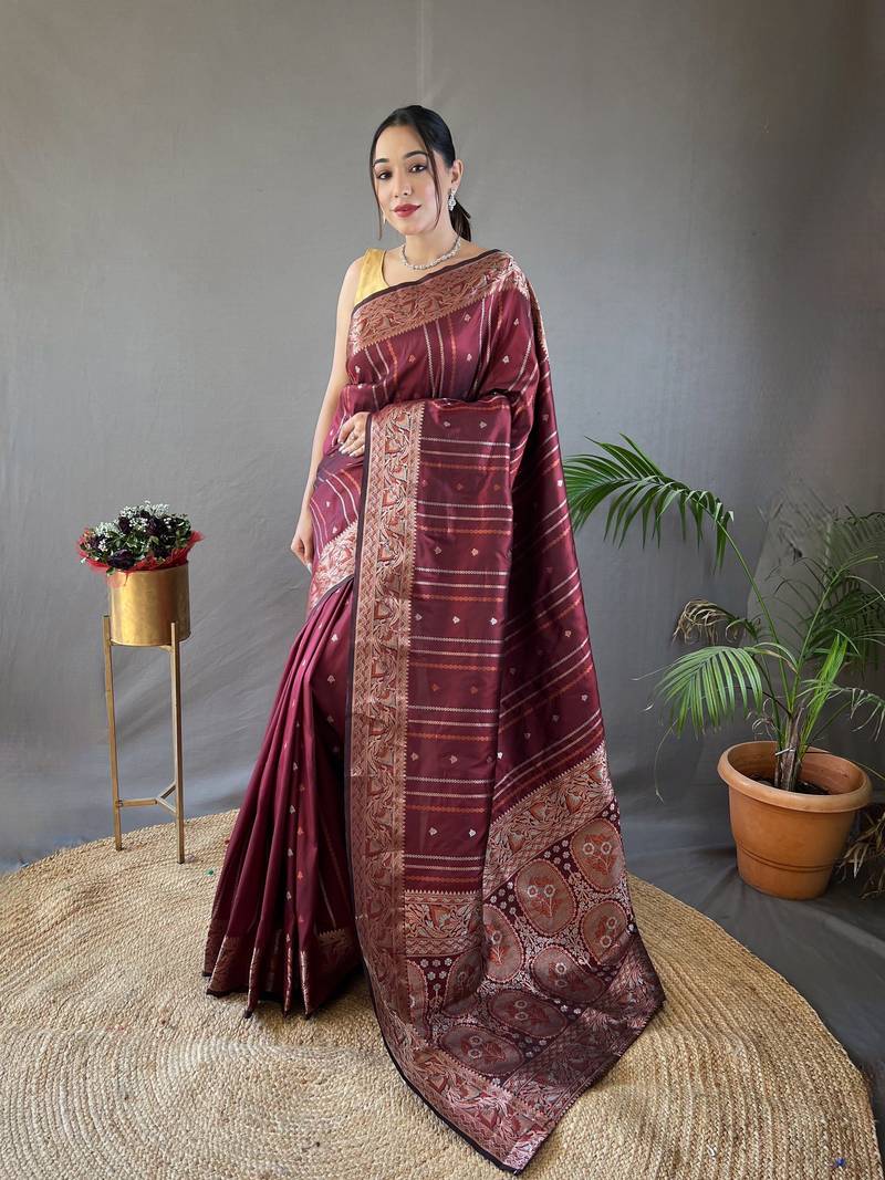 Maroon banarasi silk party wear saree with unstitched blouse piece