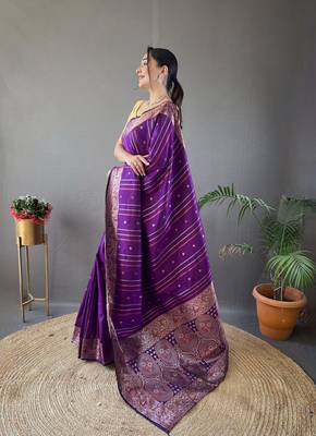 Purple banarasi silk party wear saree with unstitched blouse piece 3