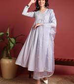 women grey cotton blend solid embroidered a-line kurta trouser with dupatta
