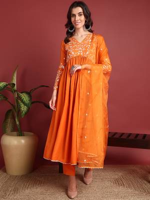 Orange Cotton Blend Solid Embroidered A-line Kurta Trouser with Dupatta 1