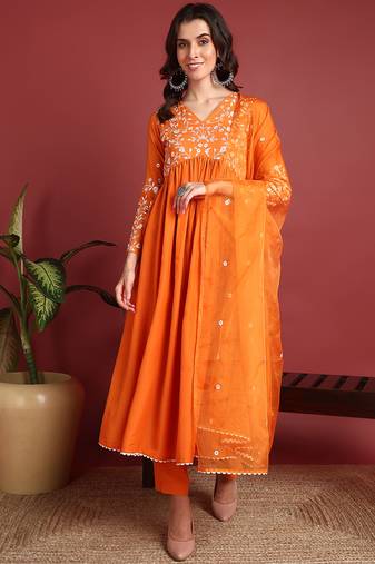 Orange Cotton Blend Solid Embroidered A-line Kurta Trouser with Dupatta