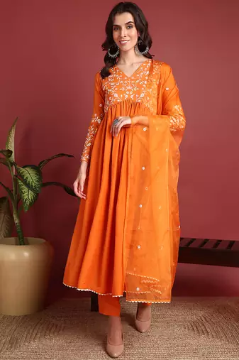 Orange Cotton Blend Solid Embroidered A-line Kurta Trouser with Dupatta