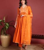 Orange Cotton Blend Solid Embroidered A-line Kurta Trouser with Dupatta