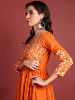 Orange Cotton Blend Solid Embroidered A-line Kurta Trouser with Dupatta 2