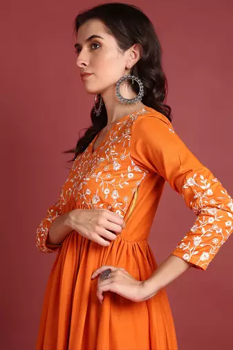Orange Cotton Blend Solid Embroidered A-line Kurta Trouser with Dupatta