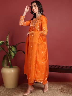 Orange Cotton Blend Solid Embroidered A-line Kurta Trouser with Dupatta 3