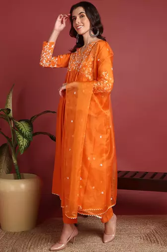 Orange Cotton Blend Solid Embroidered A-line Kurta Trouser with Dupatta