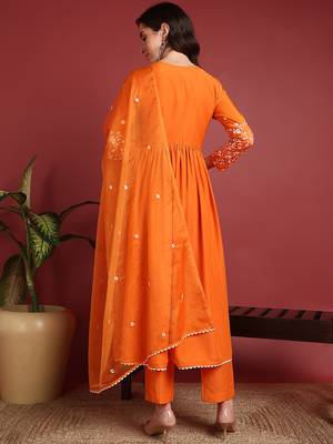 Orange Cotton Blend Solid Embroidered A-line Kurta Trouser with Dupatta 4