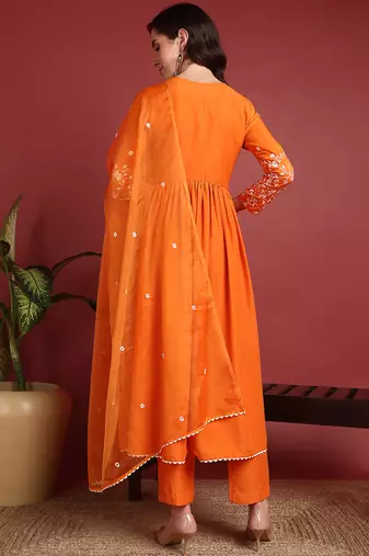 Orange Cotton Blend Solid Embroidered A-line Kurta Trouser with Dupatta