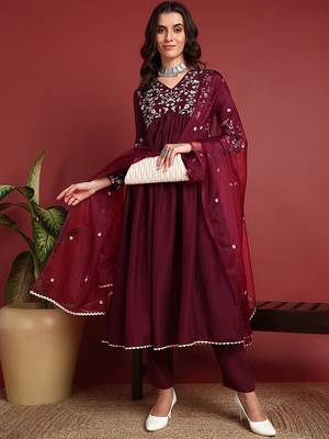 women burgundy cotton blend solid embroidered a-line kurta trouser with dupatta 1