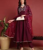 women burgundy cotton blend solid embroidered a-line kurta trouser with dupatta