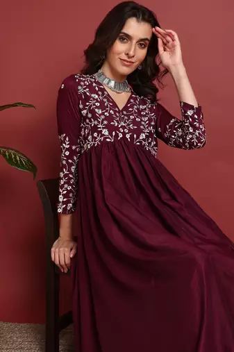 women burgundy cotton blend solid embroidered a-line kurta trouser with dupatta