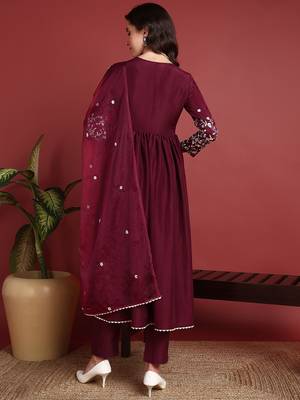 women burgundy cotton blend solid embroidered a-line kurta trouser with dupatta 4