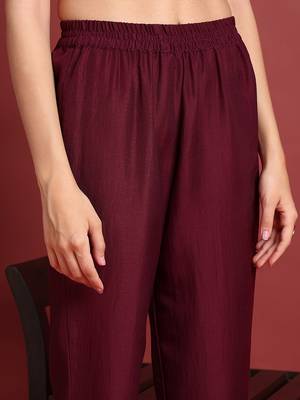 women burgundy cotton blend solid embroidered a-line kurta trouser with dupatta 5