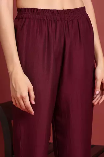 women burgundy cotton blend solid embroidered a-line kurta trouser with dupatta