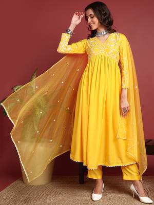 women yellow cotton blend solid embroidered a-line kurta trouser with dupatta 1