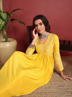 women yellow cotton blend solid embroidered a-line kurta trouser with dupatta 2