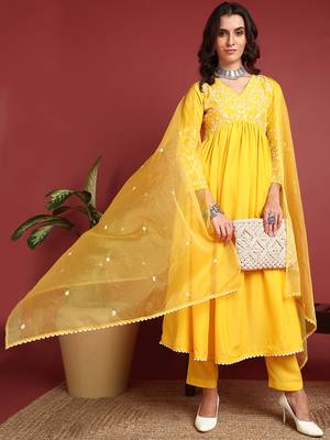 women yellow cotton blend solid embroidered a-line kurta trouser with dupatta 3