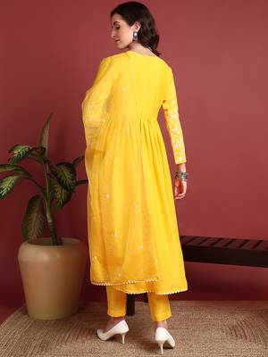 women yellow cotton blend solid embroidered a-line kurta trouser with dupatta 4
